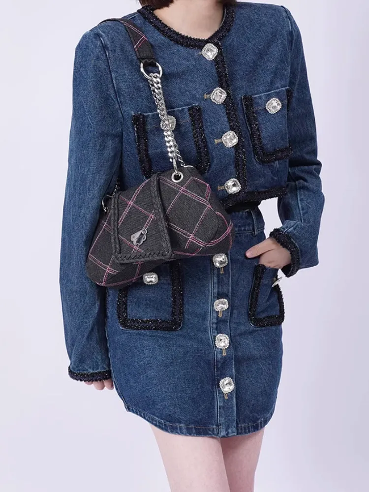 Plaid denim shoulder bag【s0000007317】