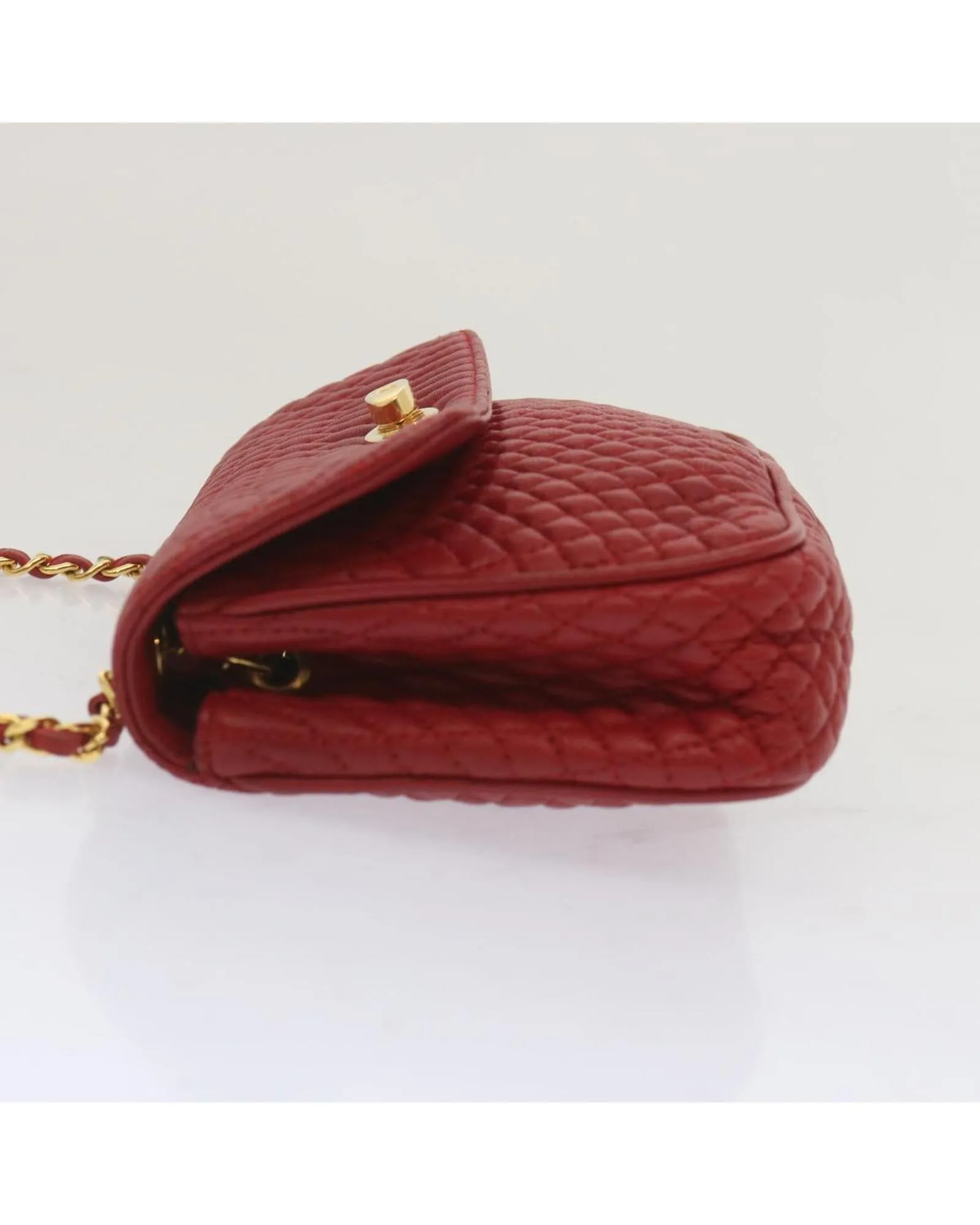 Red Leather Matelasse Shoulder Bag with Chain Strap