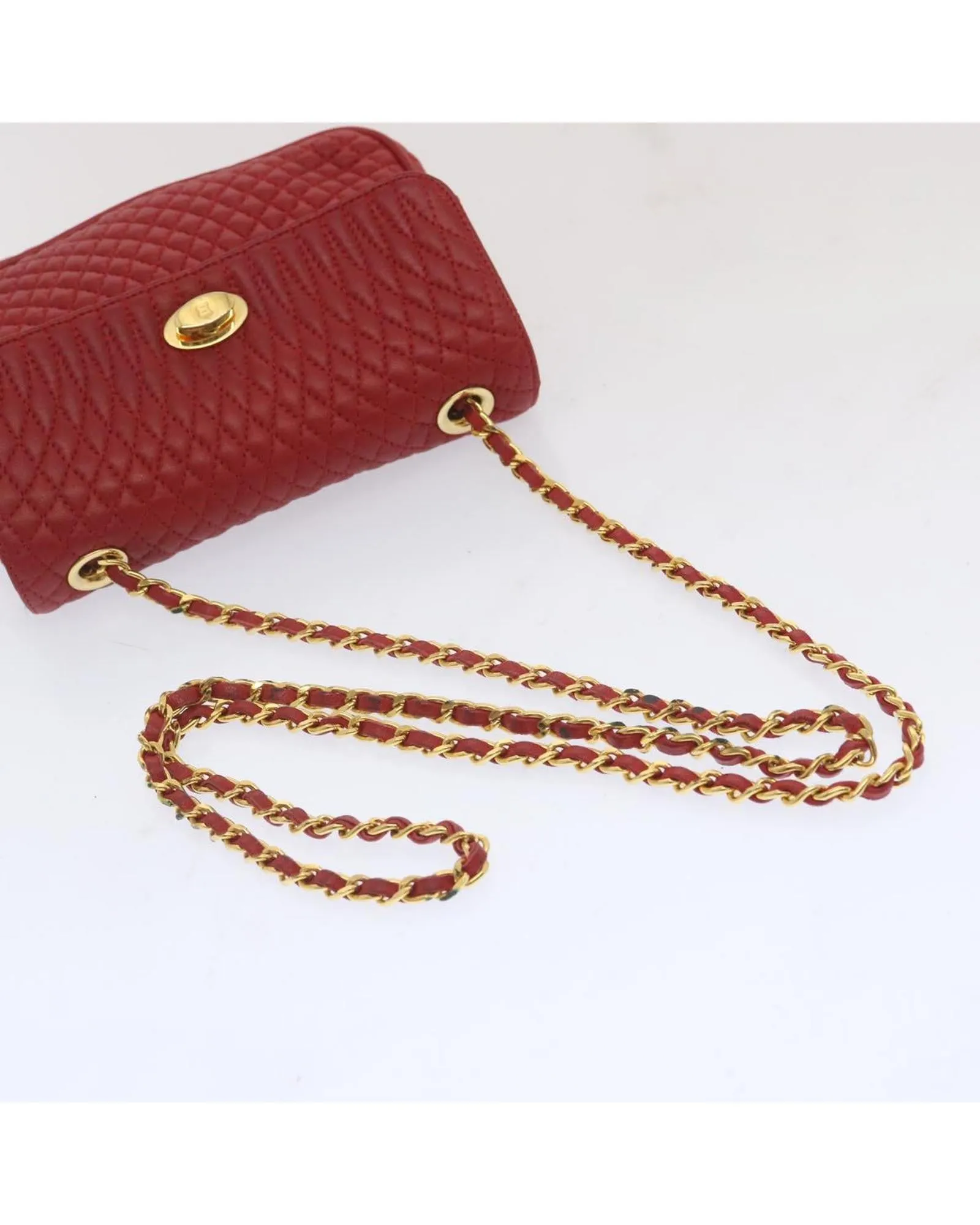 Red Leather Matelasse Shoulder Bag with Chain Strap