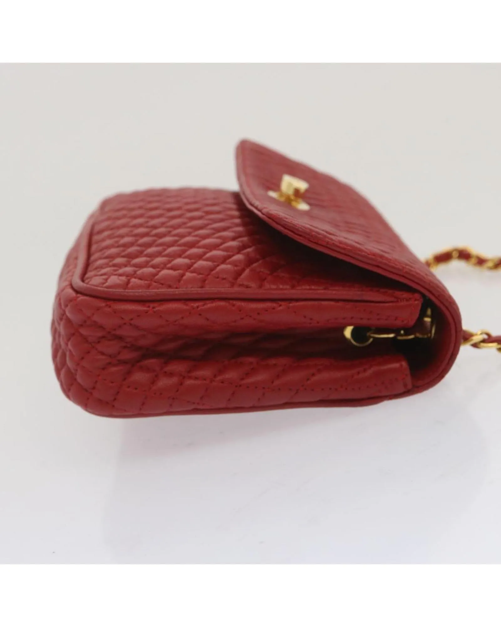 Red Leather Matelasse Shoulder Bag with Chain Strap