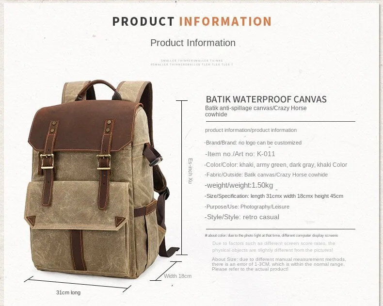 Shoulder Camera Backpack Large Capacity SLR Water-Proof Bag Wax Dye Canvas Camera Bag