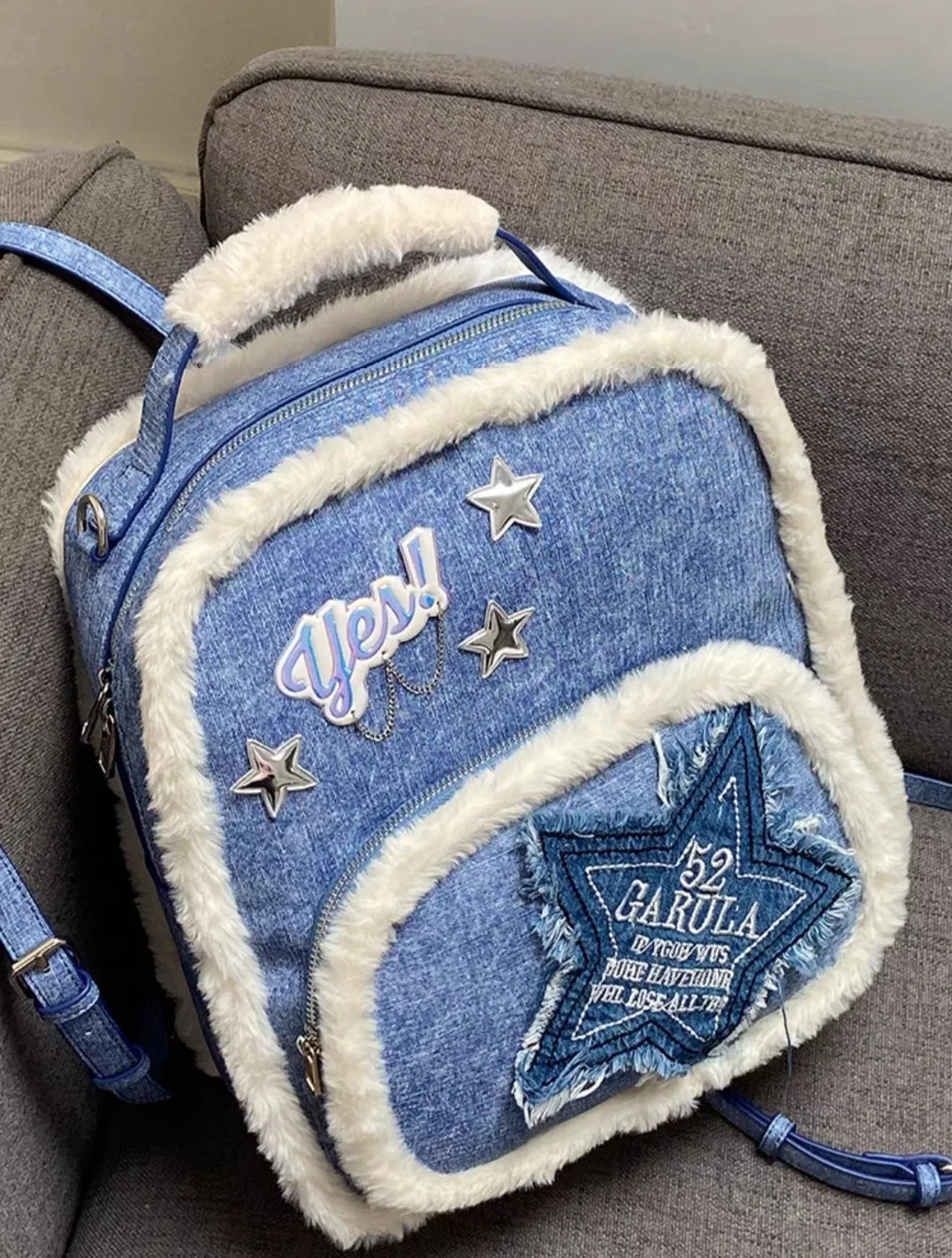 Y2K Denim Plush Fluff Silver Star Bag Backpack