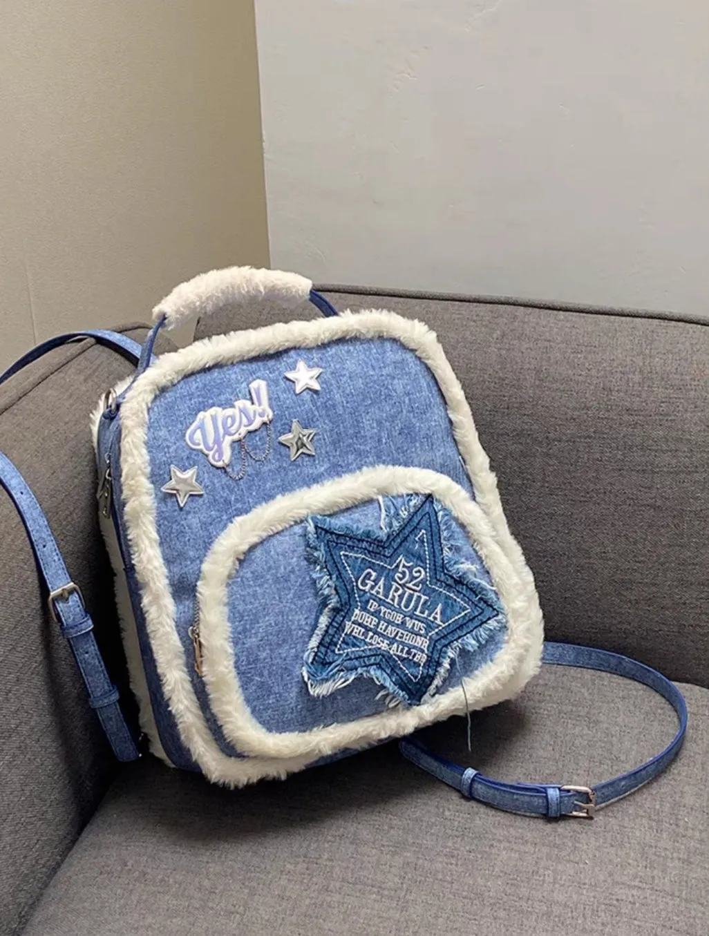 Y2K Denim Plush Fluff Silver Star Bag Backpack