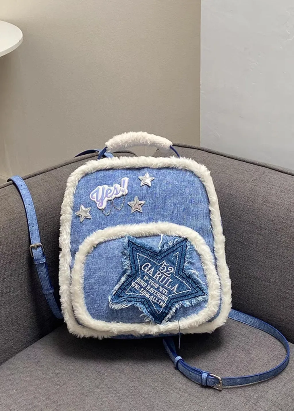 Y2K Denim Plush Fluff Silver Star Bag Backpack