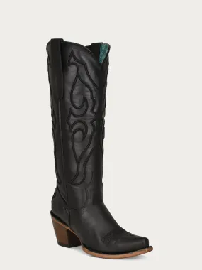 Z5075 - WOMEN'S BLACK EMBROIDERY TALL TOP SNIP TOE COWBOY BOOT